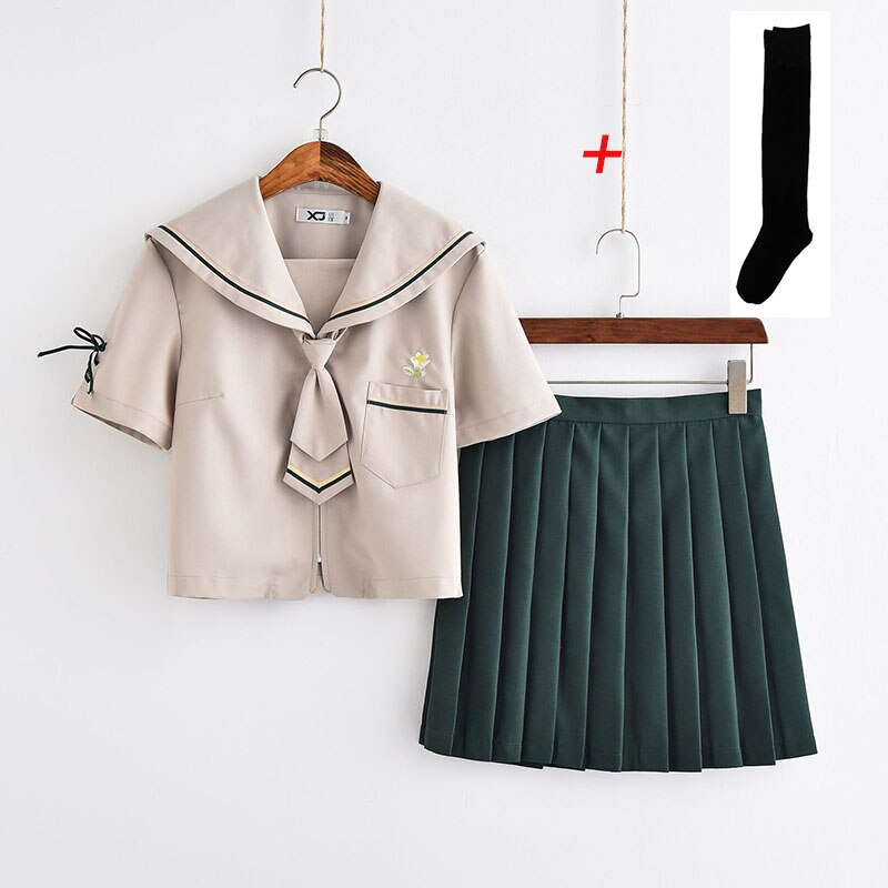 Japanese JK uniform British College style Sailor suit Student school uniform Brown Short sleeve suit Women Pleated Skirt Summer: sailor suit socks / M
