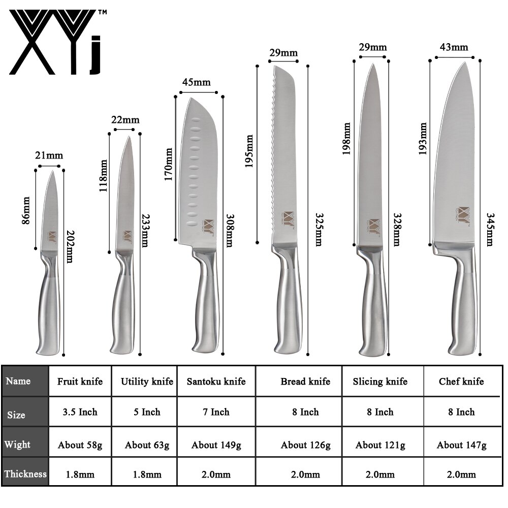 XYj-Juego de cuchillos de cocina de acero inoxidable, rebanador de pan de Chef, Santoku, Utilidad de pelar, soporte de cuchillo de acero inoxidable