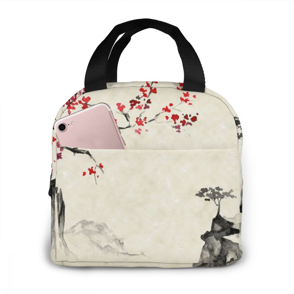 Draagbare lunchtas japanse inkt schilderij sakura en bergen thermisch geïsoleerde lunchbox tas lunchcontainer voedsel opbergtas