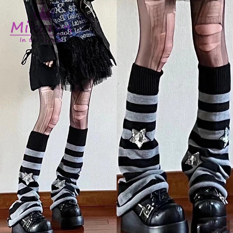 Harajuku Vrouwen Winter Beenwarmers Sokken Japanse Meisje Gothic Gestreepte Sterren Gebreide Warmer Lange Sokken Punk Voet Cover