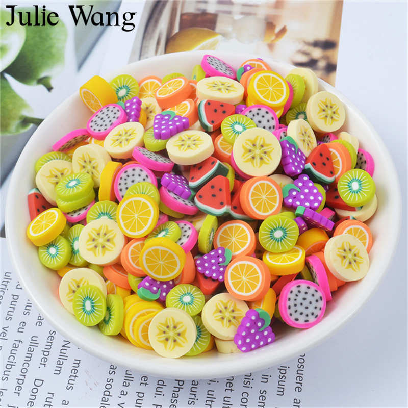 Julie Wang 40PCS Resin Kunstmatige Fruit Slice Charms Slime Fimo Klei Banaan Druiven Oranje Sieraden Maken Accessoire Tafel Props