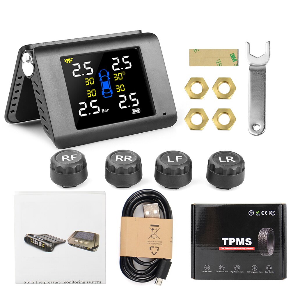 TPMS Solar Power Tyre Pressure Monitoring System with 4 Sensors LCD Real-time Display Car Tire Pressure Auto Alarm System