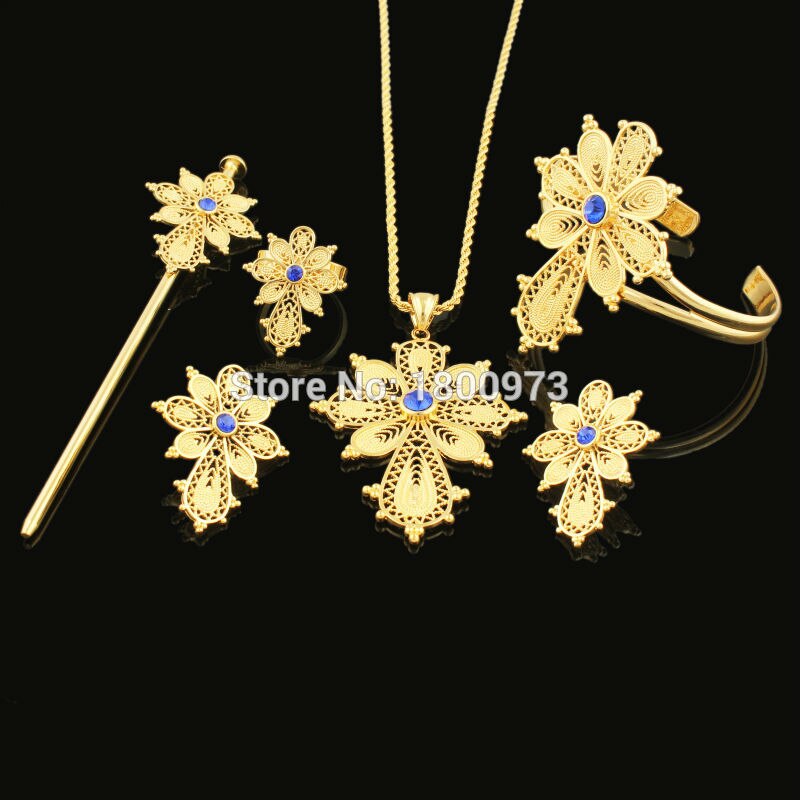 Ethiopische Cross Ketting/Hanger/Armband/Earring/Ring/Haarspeld Goud Kleur Habesha Sieraden Afrikaanse bridal sieraden sets