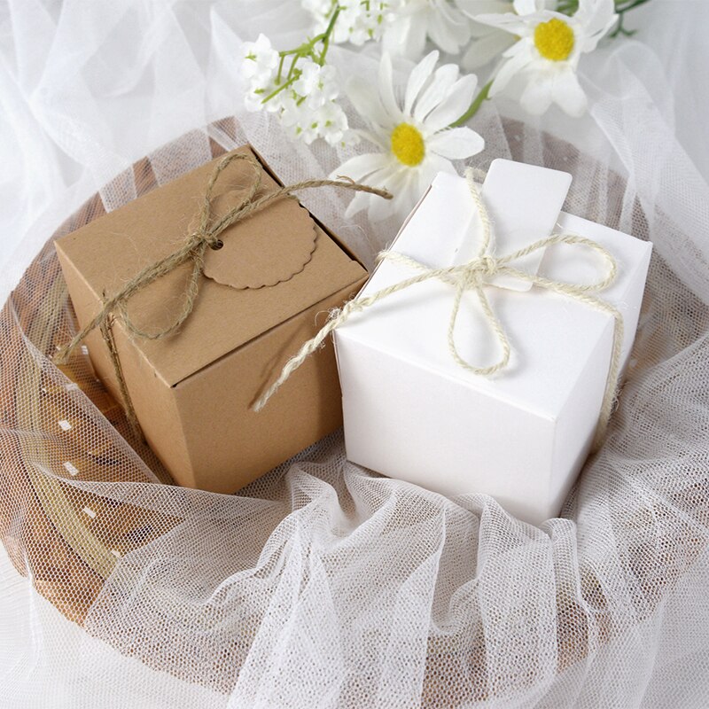 20Pcs Bruin Wit Kraftpapier Geschenkdozen Kubus Dozen Met Tag Voor Huwelijksgeschenken Crafting Cube Box Party Favor verjaardag Candy Box