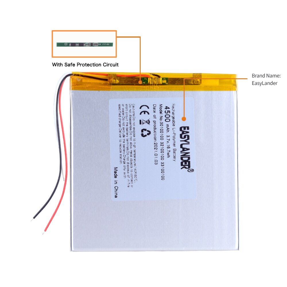 Batterie lithium-polymère 3 fils 30100100 308696 3.7V 4500mah, prestigio grace 7788 4g, pour tablette