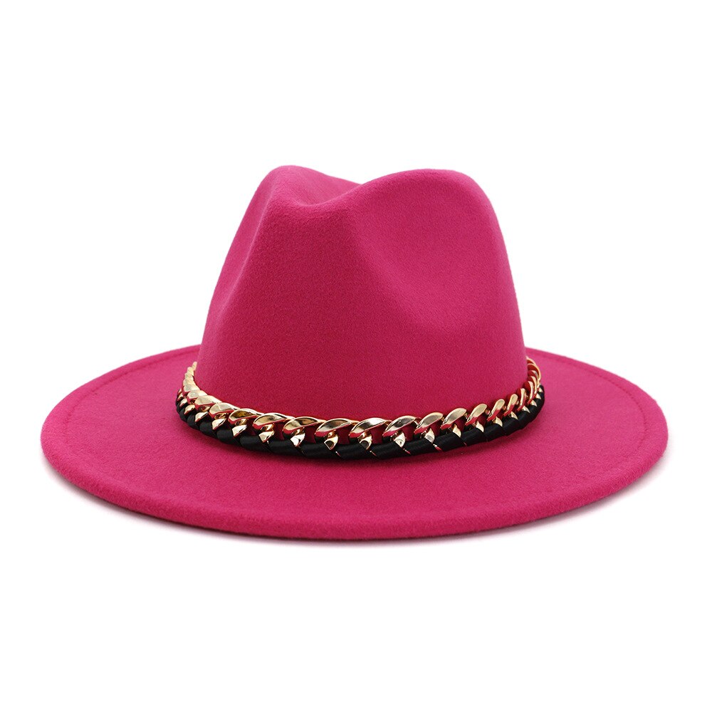Europæisk amerikansk imiteret uldne bowlerhatte til kvinder mænd vinter efterår vintage bredskygget top jazzhat fedora kasketter med kæde: 4