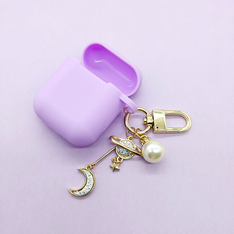 Luxury Diamond Moon Silicone Case for Apple Airpods Case Accessories Bluetooth Earphone Headphones Protect Cover Pearl Key Ring: Purple