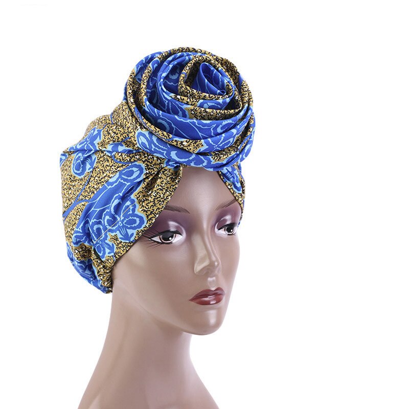 Bonnet Women African Floral Print Ankara Bonnet Hat Ladies Turban Big Flower Cap Head Scarf Beanies Wrap Indian: 04 Blue Ginger