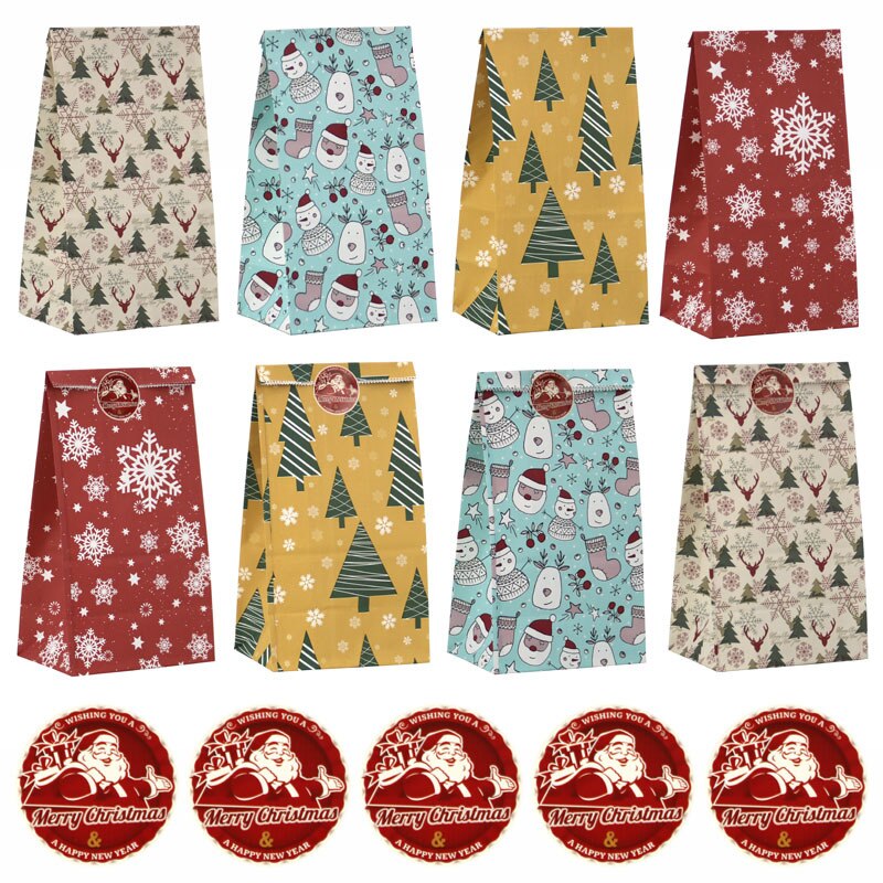 1Set Mix Soorten Herten Sneeuwvlokken Candy Bags Met Stickers Vrolijk Kerst Gasten Verpakking Dozen Kerstcadeau Decor