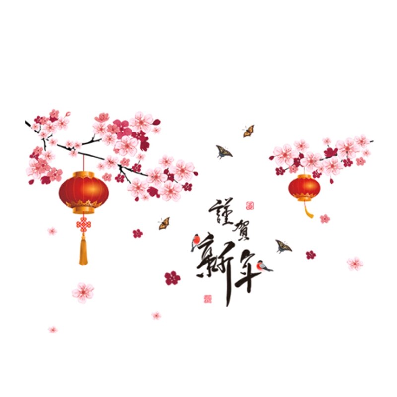 Grote Muurstickers Jaar Decoratie Chinese Spring Festival Raamsticker Lantaarn Pruimenbloesem Sticker Home Decor