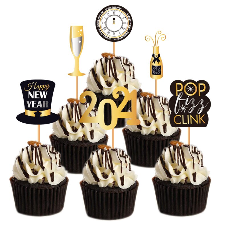 Décoration de gâteau de fête de nouvel an , or noir, 6 pièces, or noir, pour célébrer le nouvel an décoration de gâteaux: Default Title