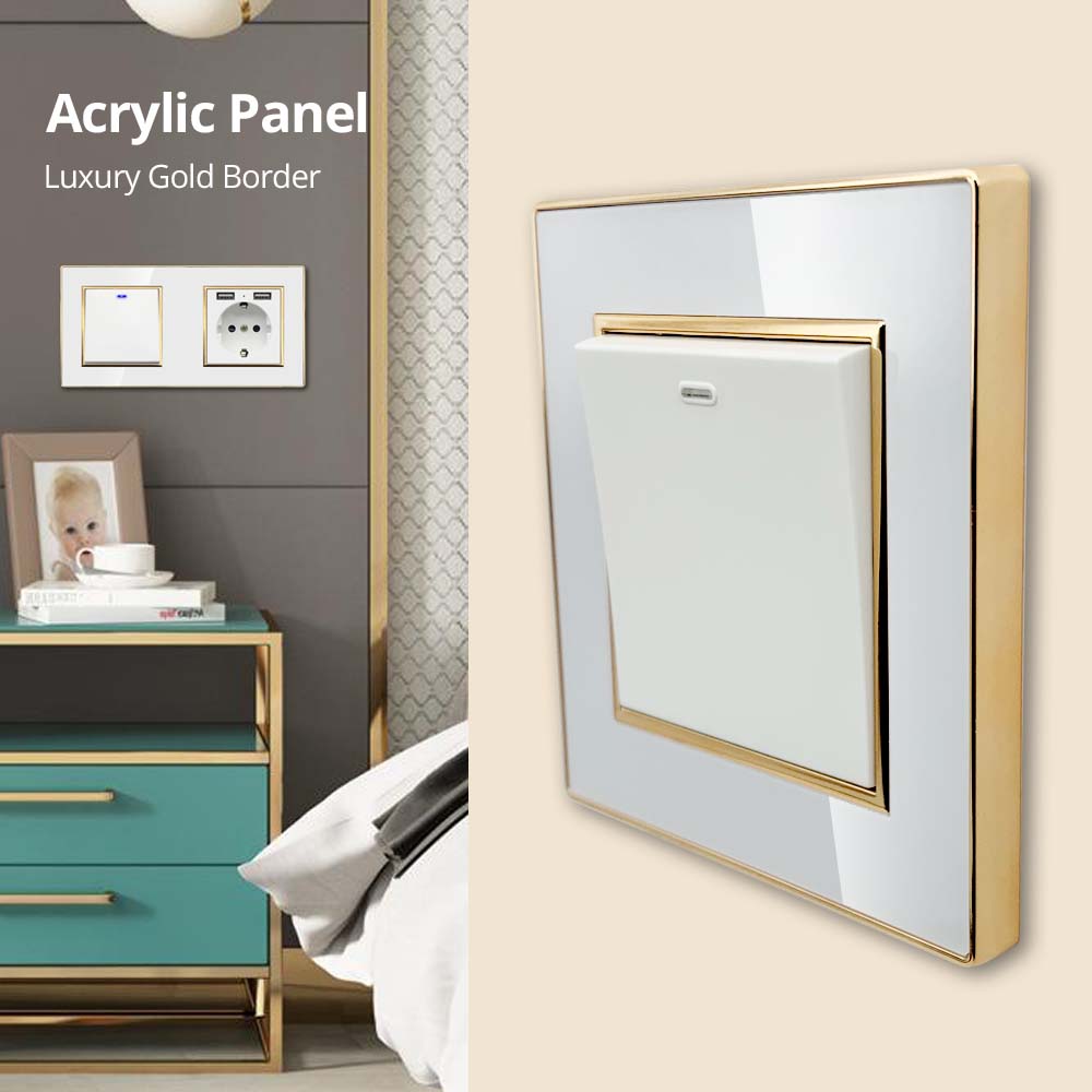 Wallpad White Acrylic Panel Gold Border Wall Light Switch LED Dimmer USB Charge EU Socket Outlet 4 5 6 7 8 Gang 2 Way Reset