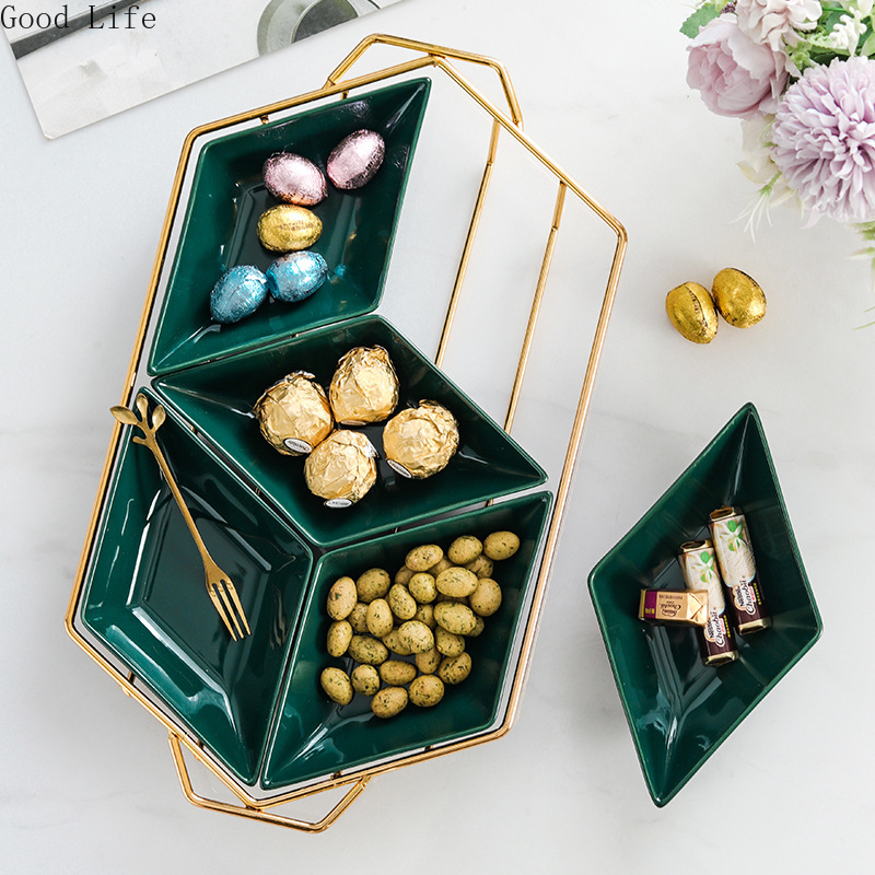 European-style Iron Art Ceramic Platter Diamond-shaped Fruit Plate Divided Cake Snack Nut Plates