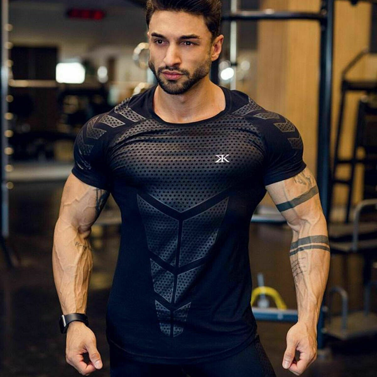 Herr t-shirt gym toppar sport t-shirt herr t-shirts träning träning kortärmad gym fitness muskel tight t-shirt plus size casual: M / 02