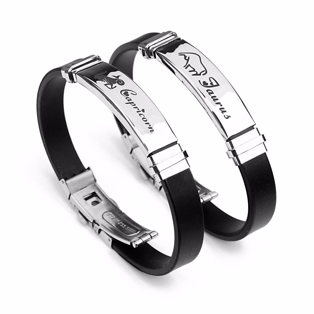 LOULEUR Silicone Zodiac Sign Bracelet for Men Women Stainless Steel Clasps Gemini Scorpio Zodiac Virgo Bracelet Men Jewelry