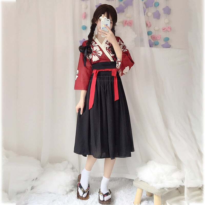 Japanse Kawaii Meisjes Stijl Kimono Jurk voor Vrouwen Bloemenprint Vintage Thee Party Aziatische Kleding Vestidos Japan Yukata: Kimono Suit / M