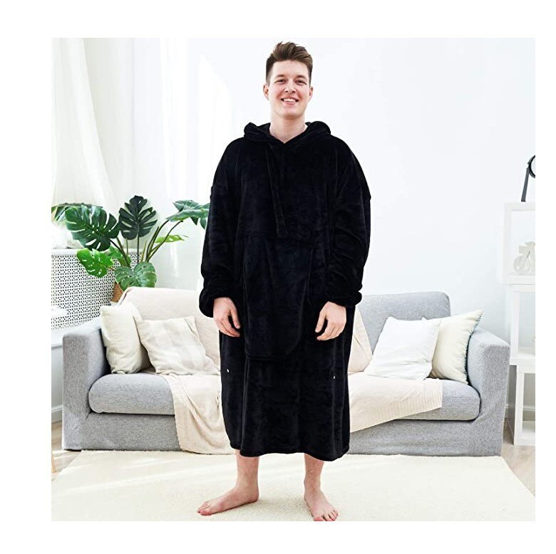 Super Long Oversized Blanket HoodieWinter Hooded Wearable Family TV Blanket with Sleeves Thicken Sherpa Fleece Hoody Sweatshirt: black