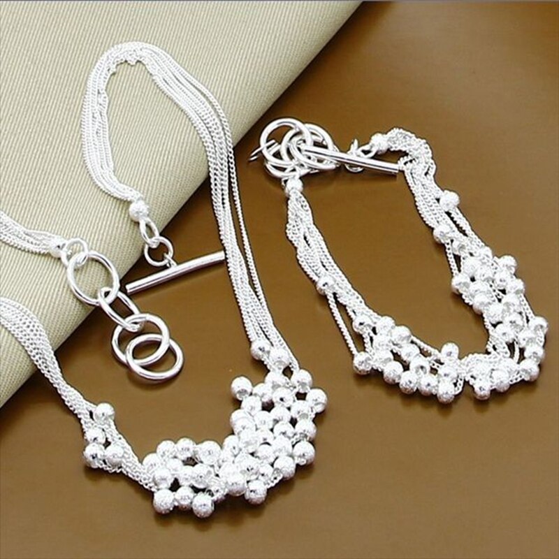 Stijl 925 Sterling Zilver Frosted Kralen Armband Ketting Set Voor Vrouwen Verlovingsfeest Wedding Charm Sieraden