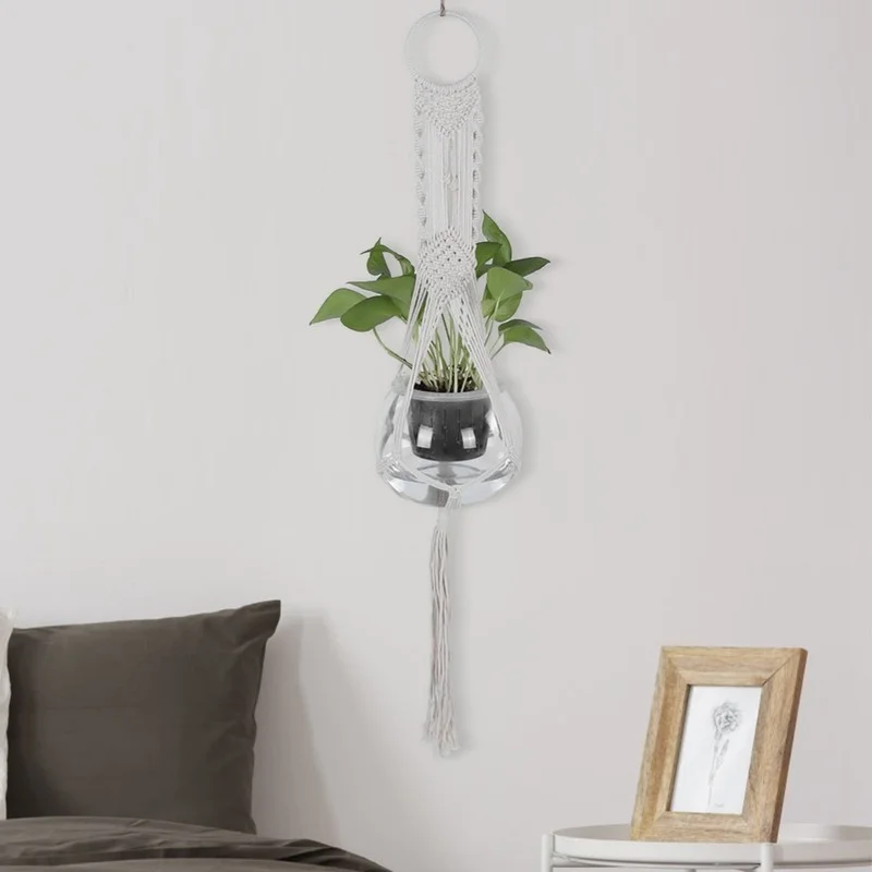 Macrame vægophæng planteophæng planteophæng håndstrikning naturlig snor planteophæng kurv planteholder