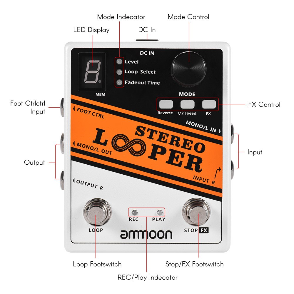 Ammoon stereo looper loop record guitar effekt pedal 10 uafhængige loops max 10 min optagetid guitar pedal guitar tilbehør