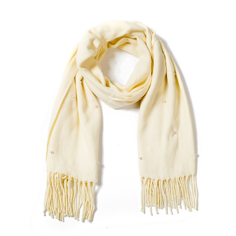 Vrouwen Mode Sjaal Parel Effen Kleur Kasjmier Sjaals Met Kwastje Dame Winter Dikke Warme Sjaal Vrouwelijke Shawl: Beige white