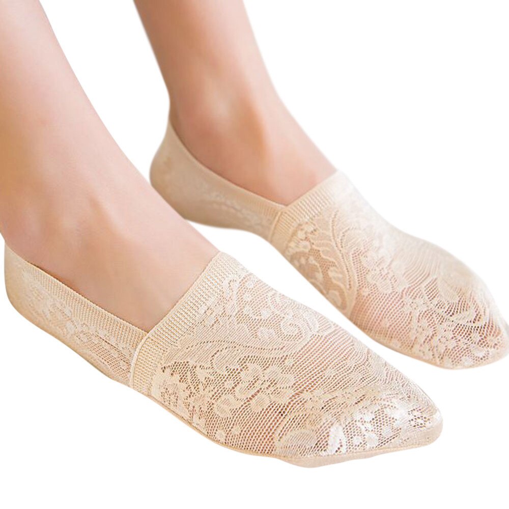 Womens Cotton Lace Antiskid Invisible Liner Socks Elastic Comfy Female Summer Spring Ankle Boat Low Cut Short Socks: Beige