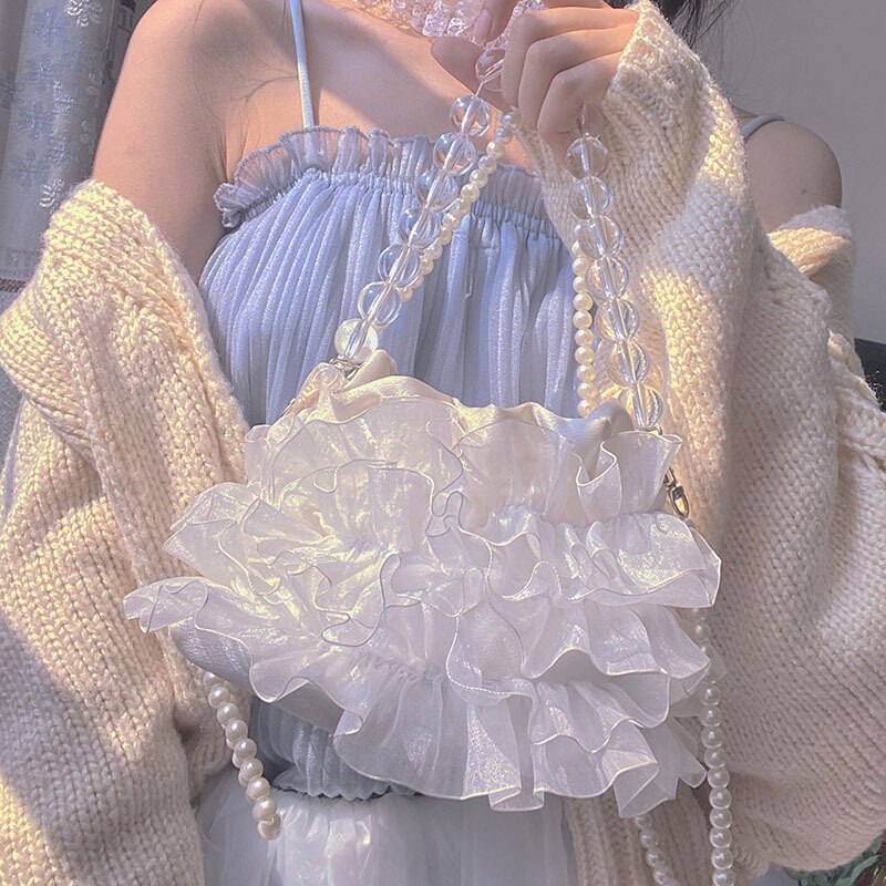 Eenvoudige Transparante Gaas Vrouwelijke Mini Schoudertas Dames Mini Handtas Pearl Chain Messenger Bag Bruiloft Decoratie Clutch