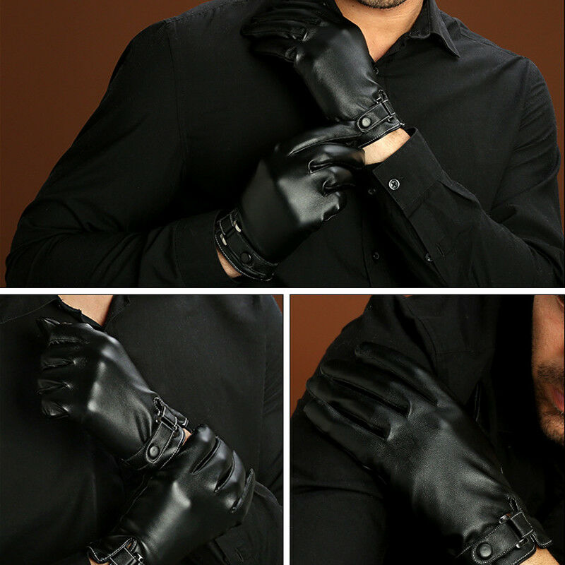 Mode Zwarte Mannen Winter Rijden Handschoenen PU Leer Wol Voering Waterdicht