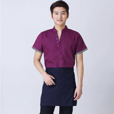 Western Restaurant Work Uniform Coffee House Waiter Short Sleeve Workwear Beer Bar Waitress Clothing Cheap Uniform And Apron Set: men purple / L