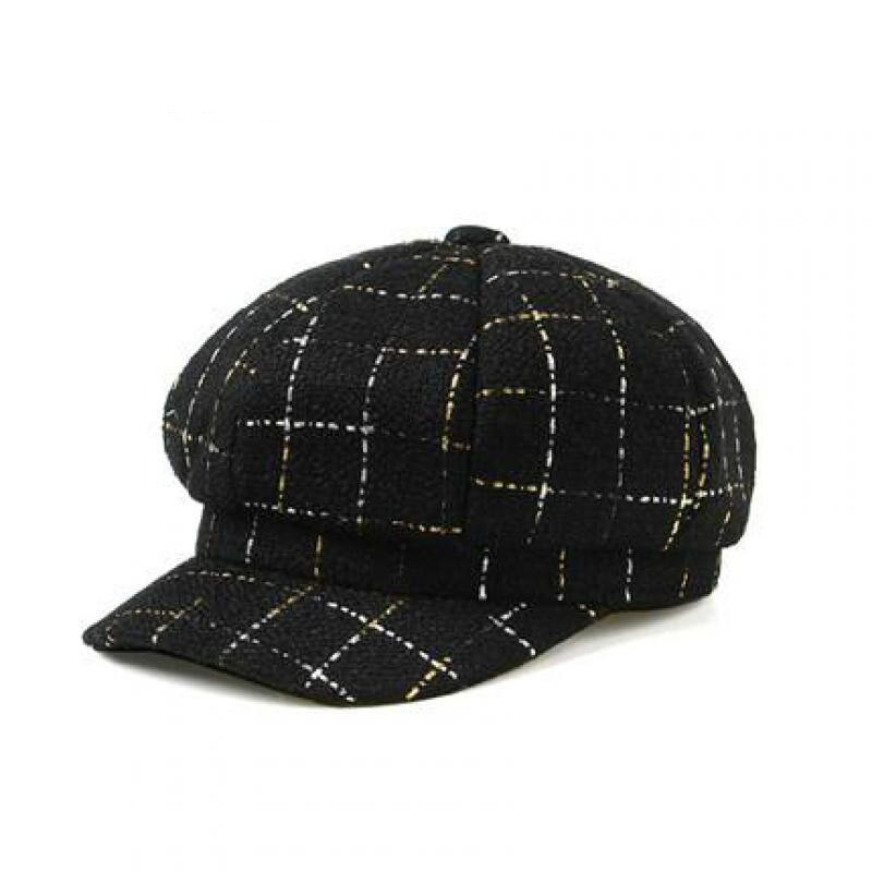 Boina negra para mujer, sombrero octogonal de otoño e invierno, gorra Retro de Pintor británico para mujer, gorra con patrón a cuadros para mujer, gorras, capó Vintage