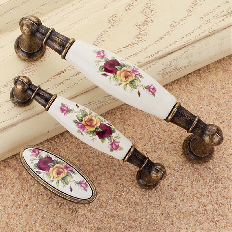 Alloy Knobs Vintage Rural Flower White Bronze Ceramic For 8 Sizes Cabinet Cupboard Kitchen Accessories Door Handles
