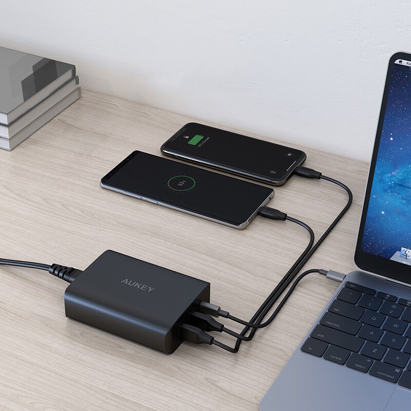 Aukey 74.5W 3-Port Laadstation Usb C Lader Met 46W Pd 3.0 & 18W qc 3.0 Met Ac Kabel Mobiele Telefoon Charer Adapter