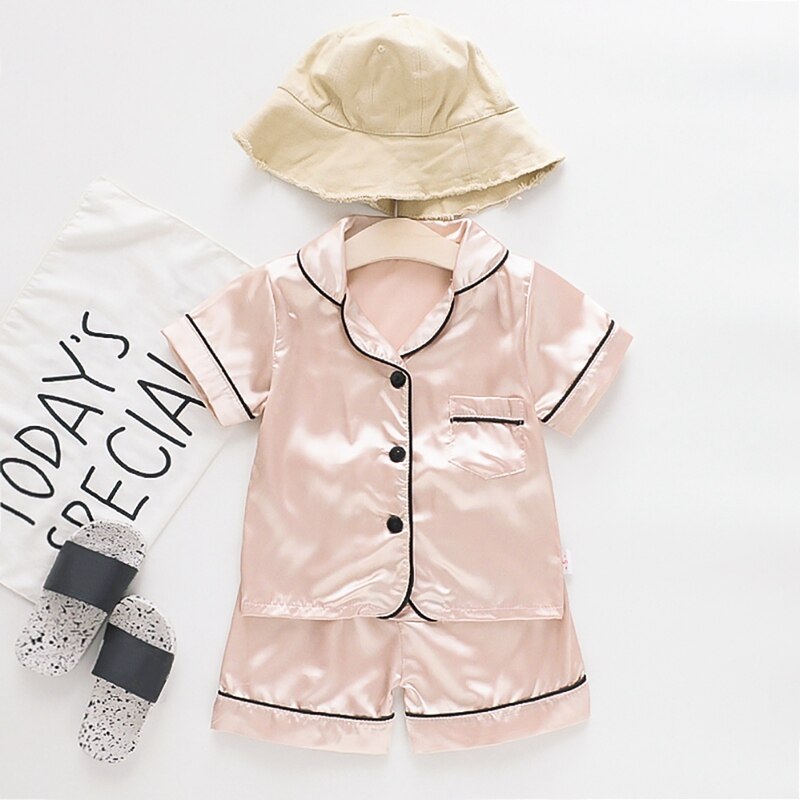 Baby Boys Girls Solid Color Print Nightwear Set Toddler Kids Short Sleeve Blouse Tops+Shorts Sleepwear Pajamas Style