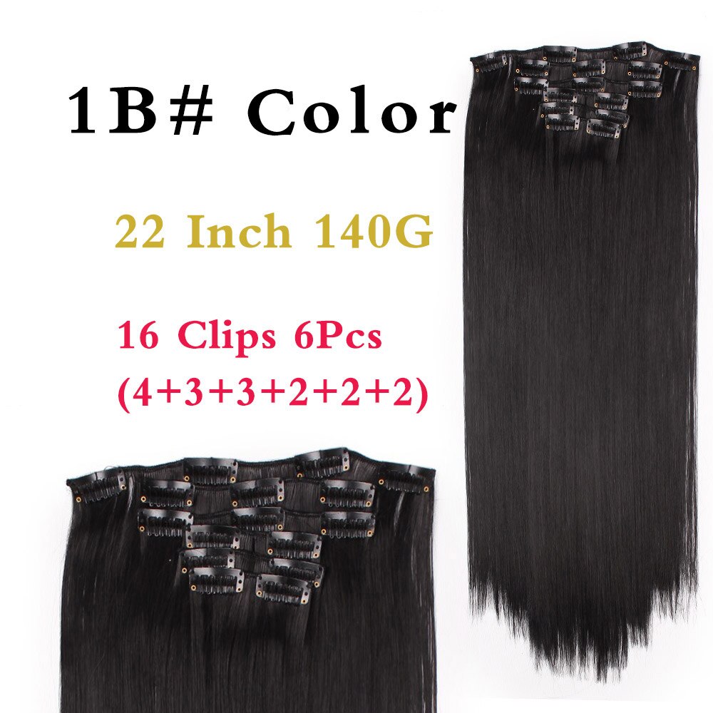 BEAUTY PROS Long ombre Straight Clip In Hair Extensions 16Clips Full Head Synthetic Hair Extension 22'' Available Heat Resistant: #1B