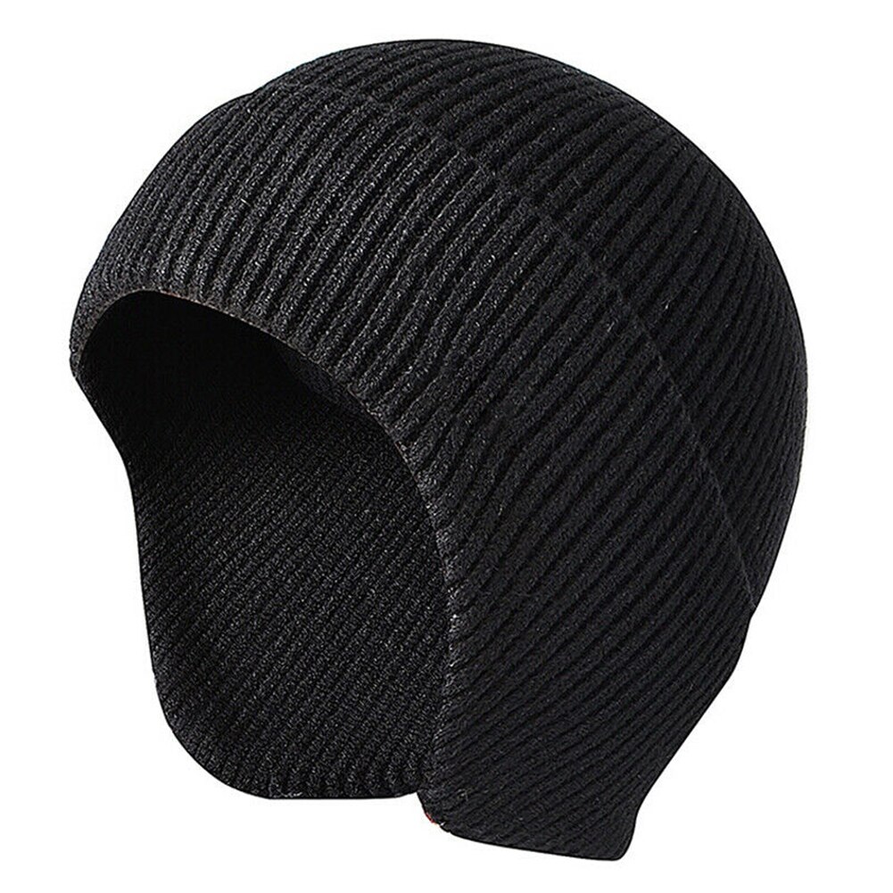 Gorro de punto suave elástico de otoño para esquí para hombre y mujer, gorro informal liso con solapa para las orejas, gorro para exteriores para estudiantes, trabajo cálido de invierno: Black