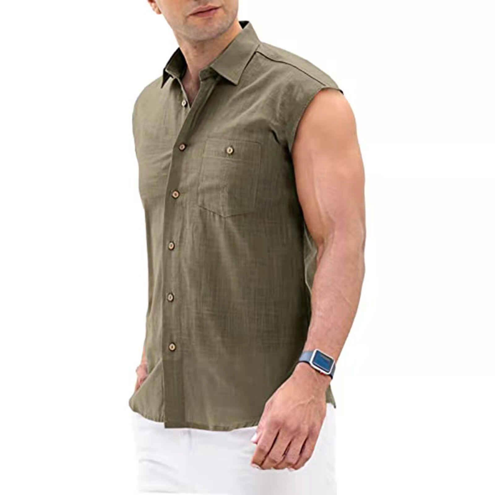 Nouvelle chemise d'été pour hommes, nouvelle , sans manches, solide, col rabattu, boutonné, lin, coton, hauts hommes Harajuku Streetwear: vert militaire / XL