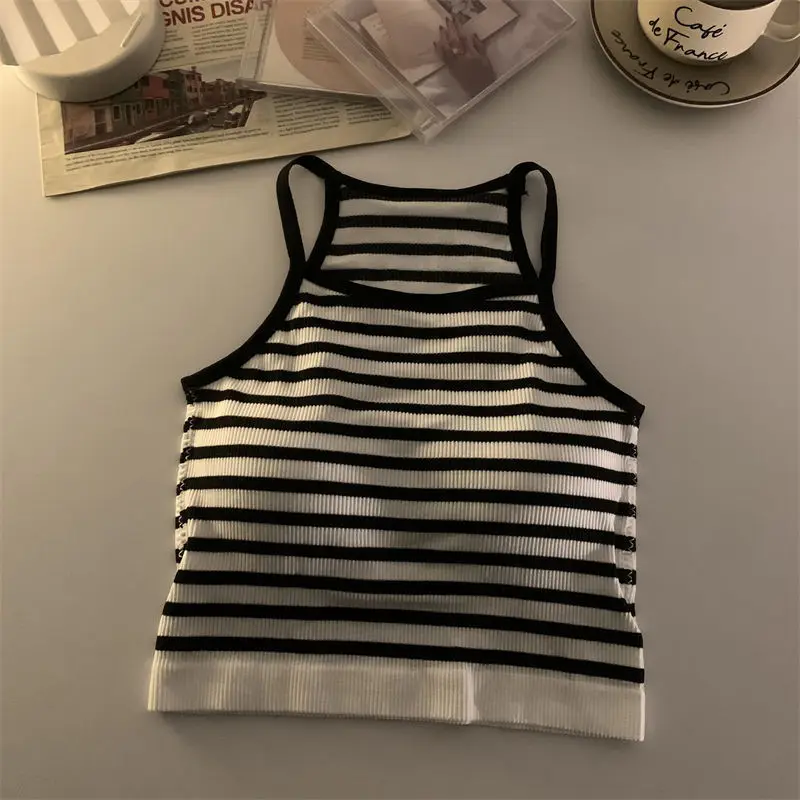 Camisetas sin mangas para mujer versión coreana, Top corto informal liso con almohadilla en el pecho, ropa exterior sin mangas a rayas, camisola básica: Beige