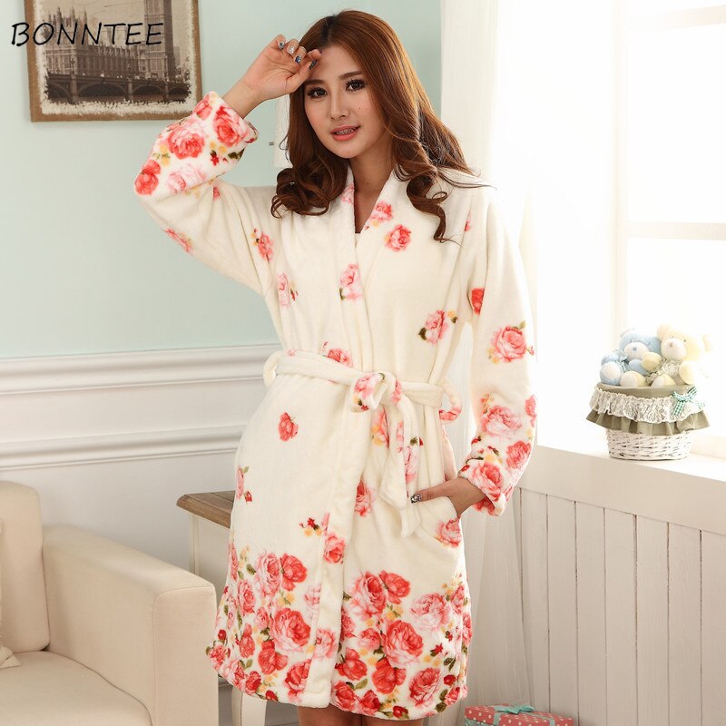 Robes Sets Women Simple Korean Style Warm Thicker Flower Womens Knee-Length Female Trendy Casual Long Sleeve Cute Gown Set Chic