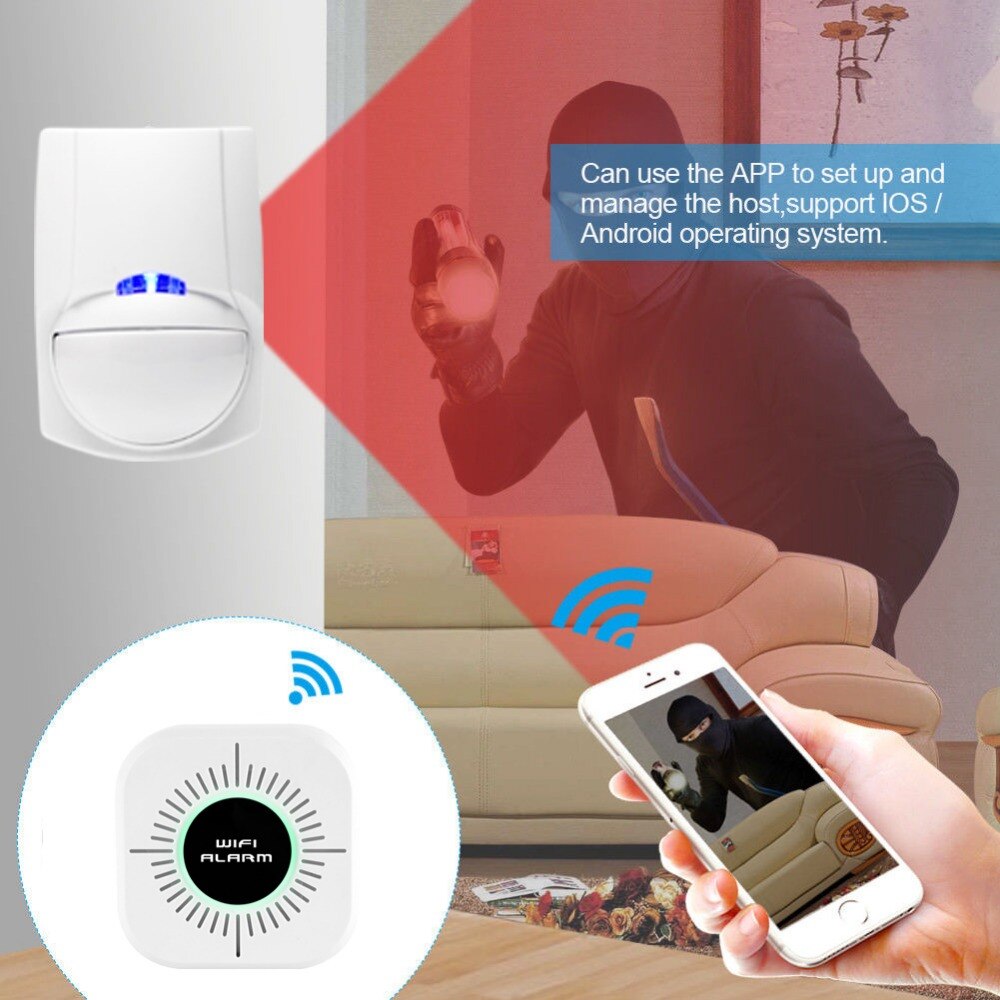 Wifi hjemmealarmsystem kits app kontrol android ios hjem sikkerhed sikkert system med pir sensor dør vindue detektor alarm sensor