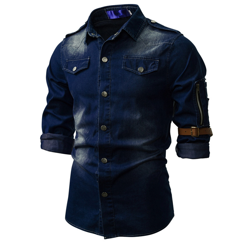 Camisa vaquera lavada de manga larga para hombre, estilo informal, ajustada, con cuello cuadrado, para otoño e invierno: Azul marino / Metro