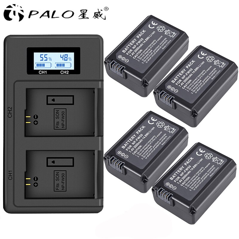 PALO-Batería de 2000mAh NP-FW50 NP FW50 NPFW50 Akku + LCD Dual para Sony Alpha a6500 a6300 a6000 a5000 a3000 NEX-3 a7 7R a7R a7R II: 4PCS and charger