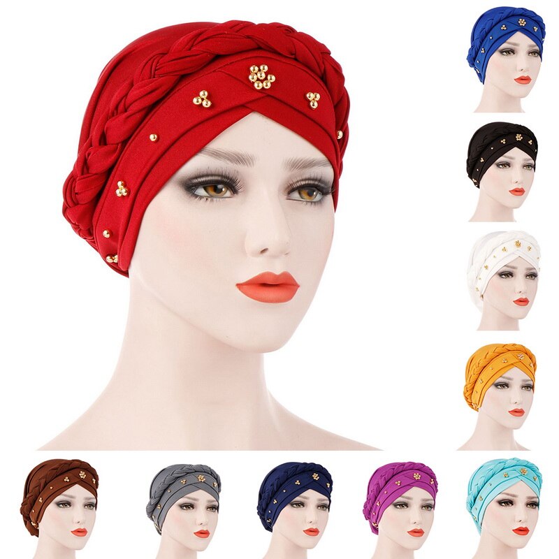 Kvinnor muslimska turban keps enfärgad bandanas pärlstav fläta pärlor dekor hatt