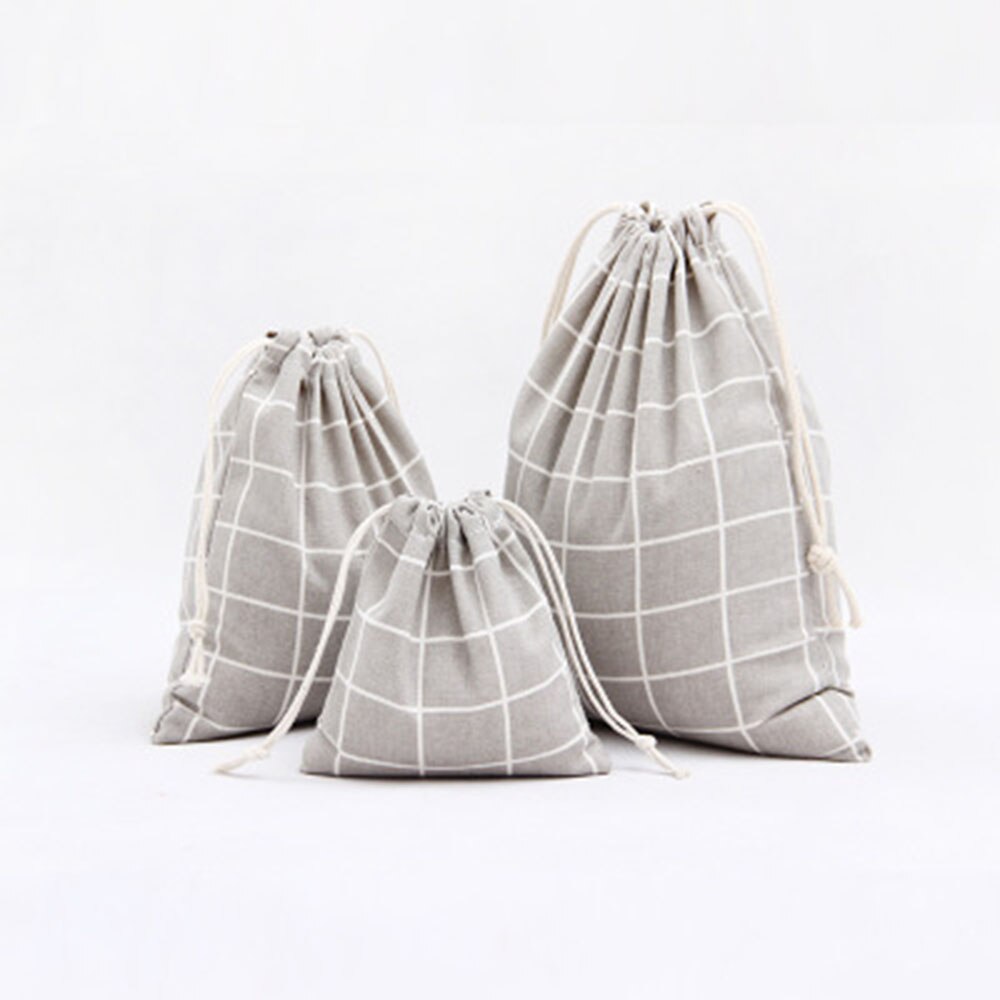 Shopping Bag Cotton Fabric Portable Plaid Grocery Bags Drawstring Bag Unisex Makeup Pouch Large Capacity: Gray / M