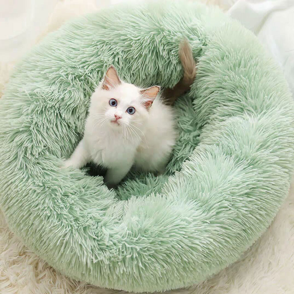 38# Fluffy Calming Dog Bed Long Plush Donut Pet Bed Hondenmand Round Orthopedic Lounger Sleeping Bag Kennel Cat Puppy House: Green  / L