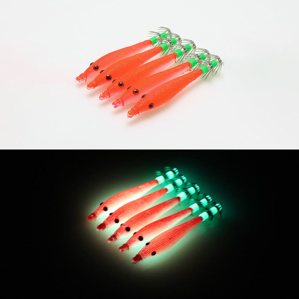 Señuelos de pesca fluorescentes, 5 uds., 6cm, 7cm, 9cm, 11cm, anzuelo de calamar, plantillas de sepia, cebo, camarones de madera, aparejos de pesca de mar ﻿: 40 mm / Rojo coral