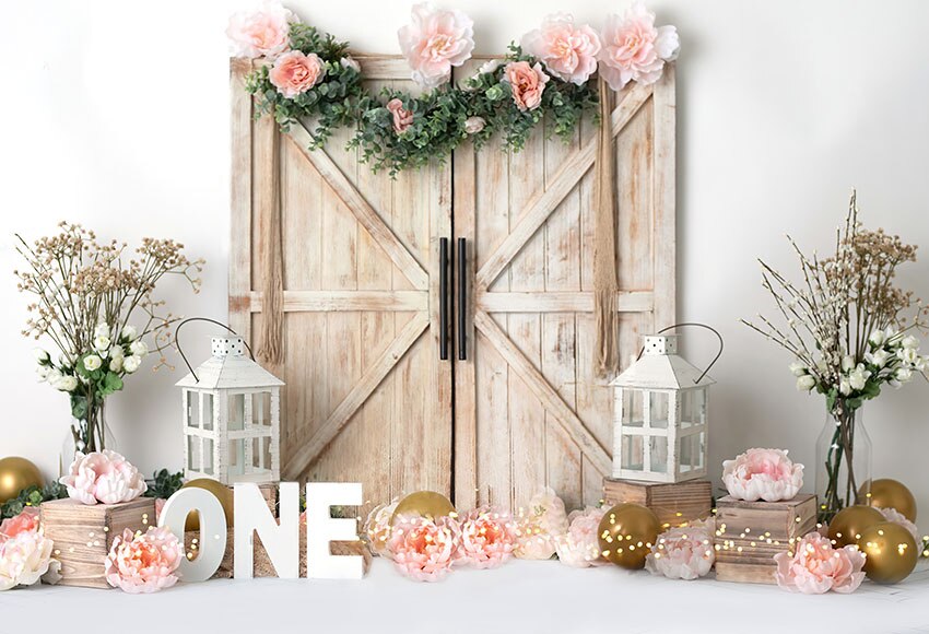 Mehofond – arrière-plan de photographie rose Floral, porte en bois pour fille, décoration de gâteau de fête de 1er anniversaire, accessoire de Studio Photo