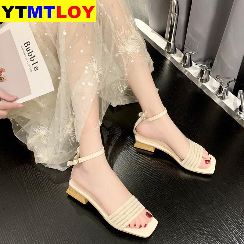 Gebreide Lage Hak Sandalen Vrouwen Hout Hak Open Teen Snoep Kleuren Zomer Stretch Stof Sandalen Dames Vierkante Teen Hakken Vrouwen