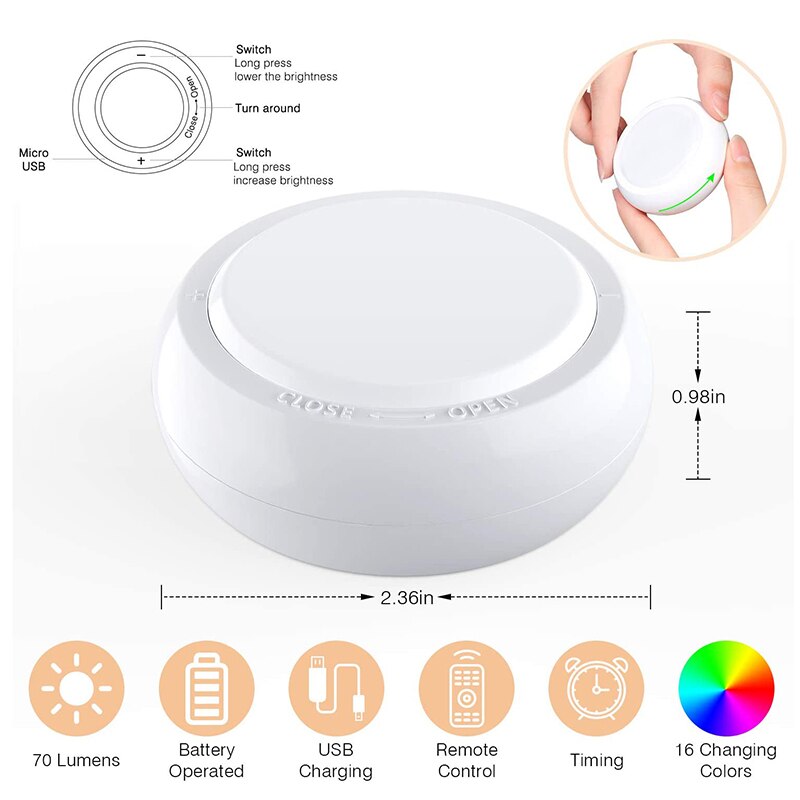 ! Luces Puck a pilas con Control remoto, Pack de 8 luces de armario con luz de armario en 16 colores y 3 modos