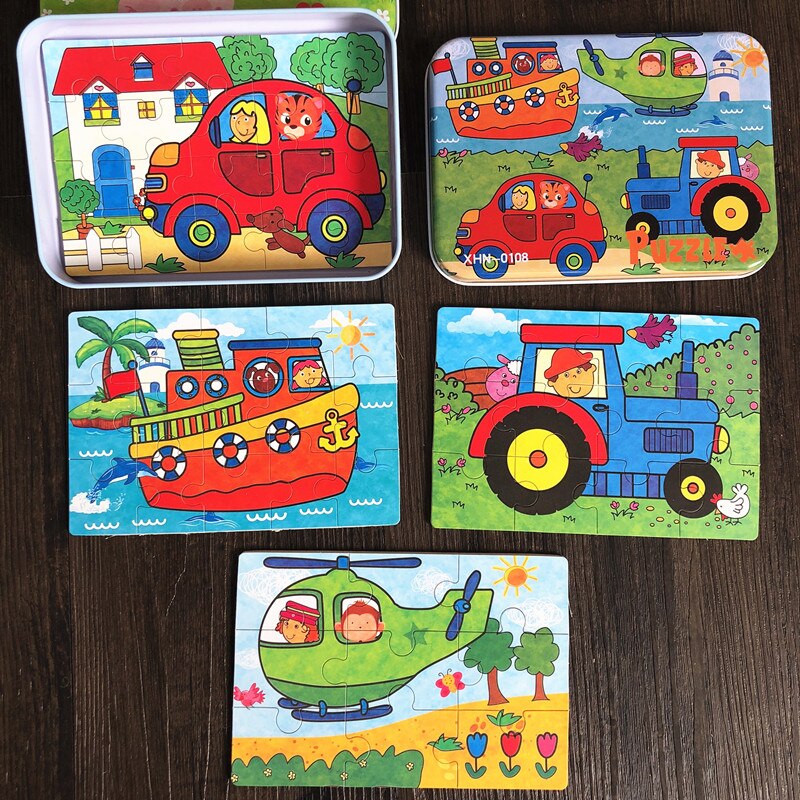 4 In 1 Puzzles 9/12/15/20Pcs Puzzles/Set With Iron Box Wooden Toys For Kids Educational Baby Toys Learning: Helicopter