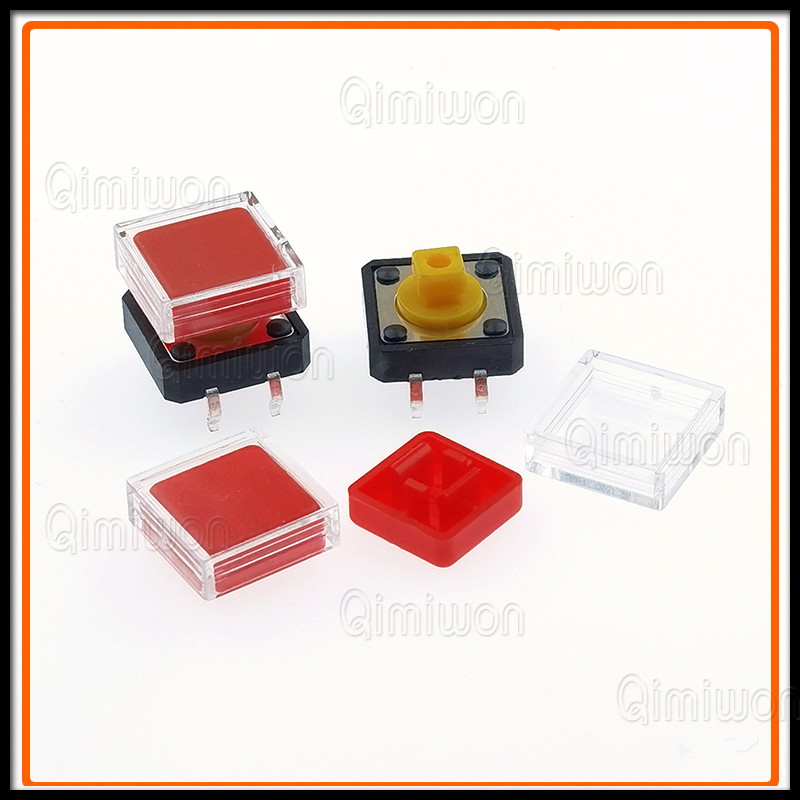 10 Stuks B3f Tactiele Drukknopschakelaar + A14 Kleur Hoed 10 Stuks + Transparante Dop 10 Stuks Kortstondige Tact Touch Microschakelaar 12*12*7.3Mm: Rood